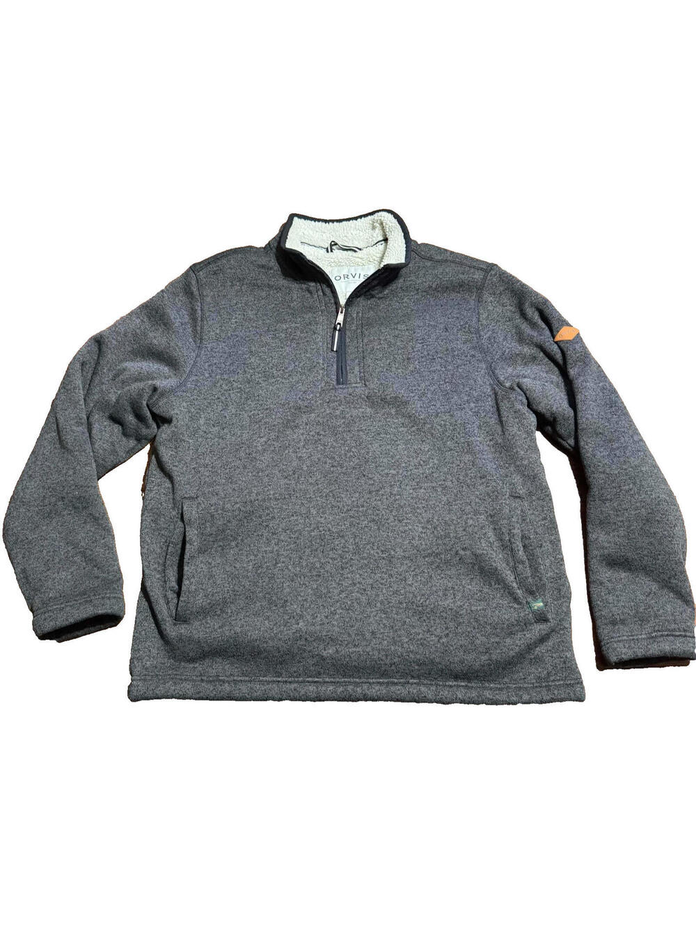 Orvis Jacket Mens Large Gray Fleece 1/4 Zip Sherpa Lined Pullover Outdoor